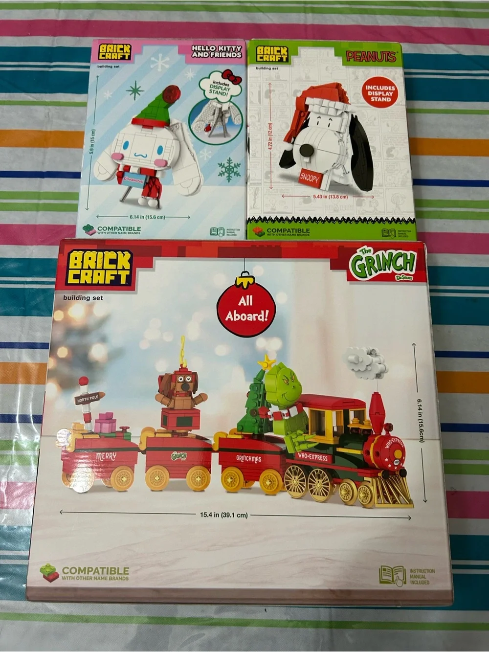 NWT brick craft building set (Bundle) peanuts, cinnamoroll and grinch express